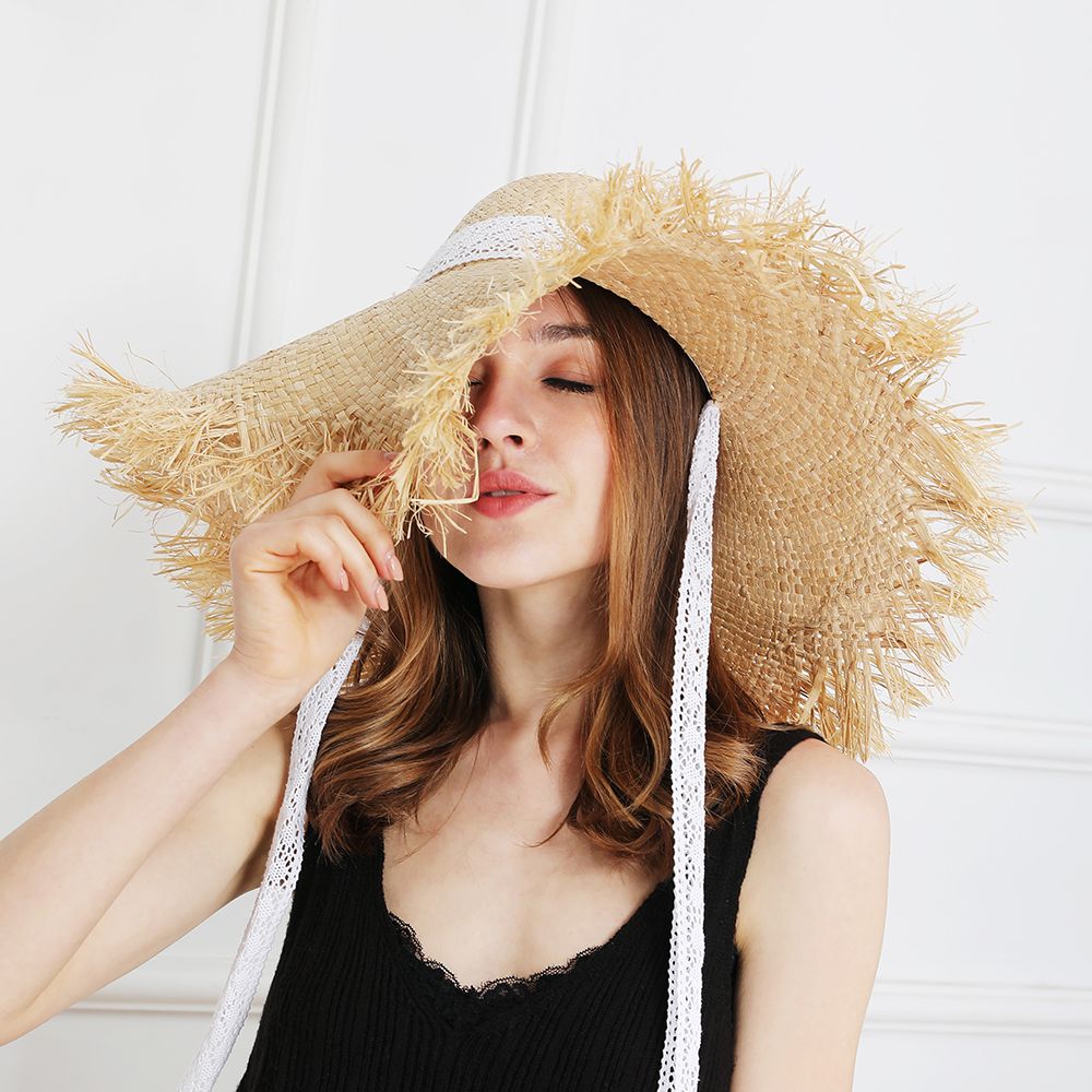Lace Strap Straw hat Bow Wide Grass Female Summer Cap Beach Visor Beach Sun Protection hat