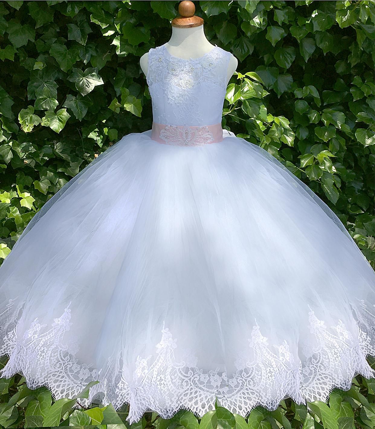 flower girl dress with pink sash
