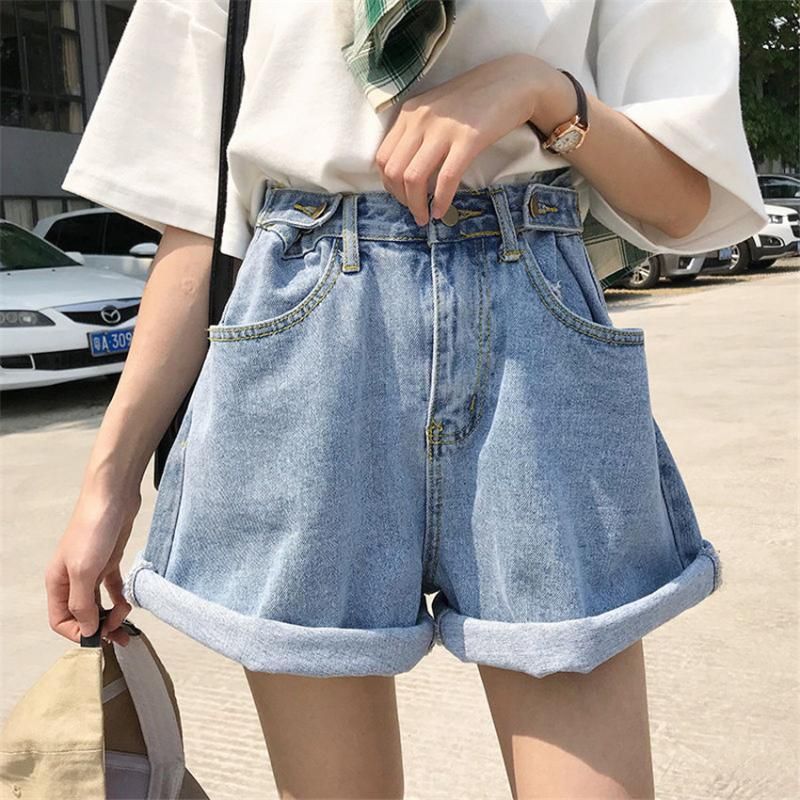 Compra Pantalones Cortos Para Mujer Vintage Cintura Alta Denim Mujeres 2021  Verano Estilo Coreano Casual Roll Up Pocket Blue Jeans Feminino Barato |  Entrega Rápida Y Calidad | Es.Dhgate