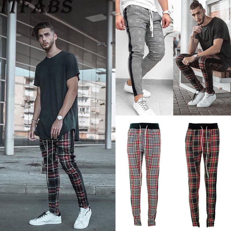 2020 Mens Pants Fashion Trendy Men Trousers Side Stripe Check Tracksuit ...