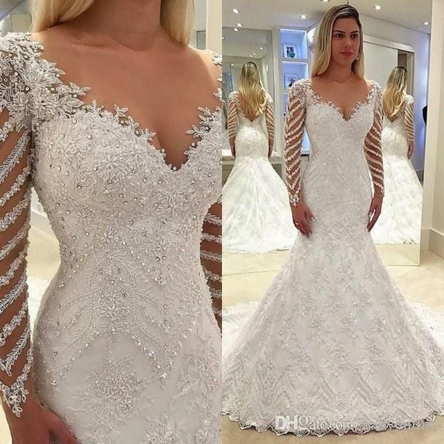 Beaded Lace Wedding Dresses 2019 Sexy Mermaid V Neck Open Back