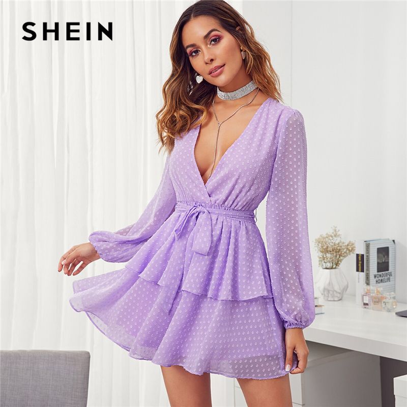 Acquistare Shein Deep Purple Scollo A V Doppio Strato Hem Svizzero Dot  Dress Donne 2019 Autunno Bishop Manica Signore Sexy Con Cintura Vestiti  Corti Economico | Consegna Veloce E Qualità | It.Dhgate