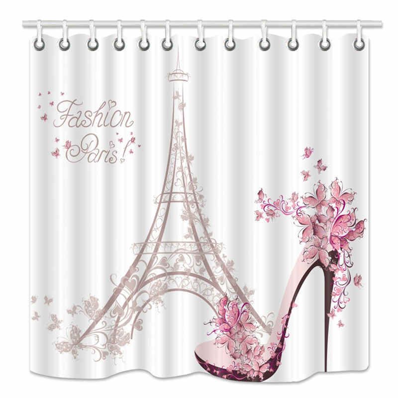 2019 Eiffel Tower Shower Curtain High Heeled Shoes And Flower In