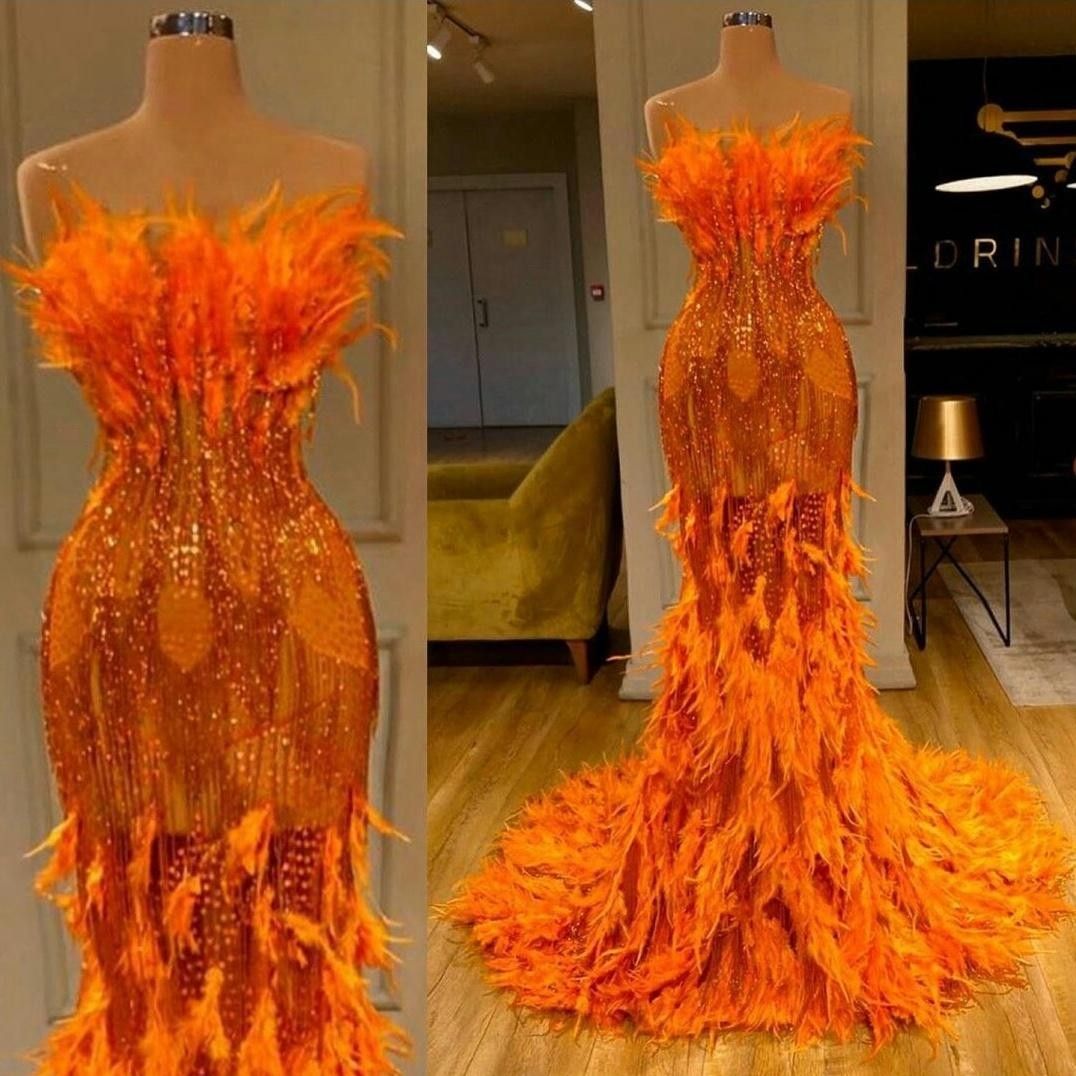 Feathers Orange Mermaid Prom Dresses With Strapless Sequined Sparkle