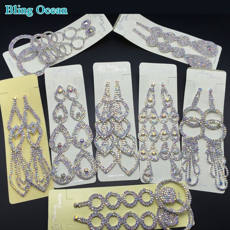 Long Diamante AB Crystal Drop Earrings Gold Tone