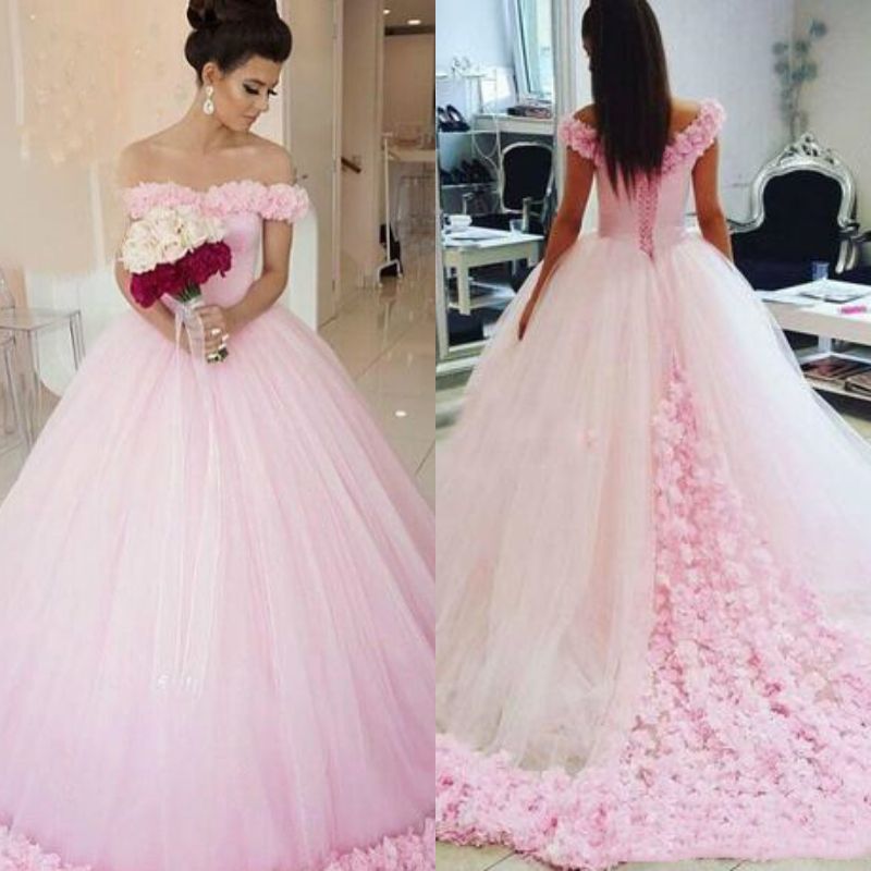 Princess Ball Gown Wedding Dresses For Bride Handmade Flowers Pink Elegant Off The Shoulder Wedding Gown In 2020 Ball Gowns Prom Dresses Ball Gown Princess Ball Gowns