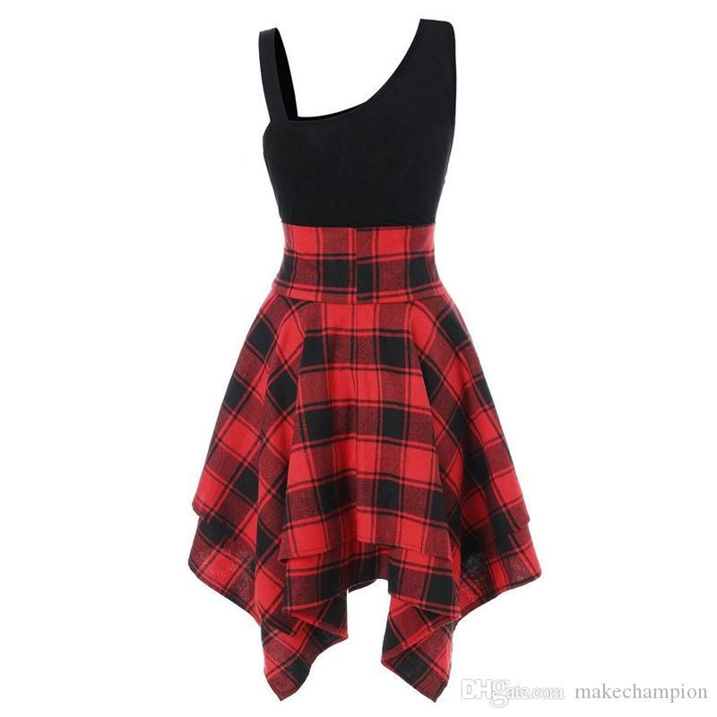 Trendy Womens Designer Dresses Sleeveless Lace Up Plaid Printed