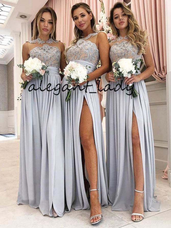 Vestidos de dama de honor de plata con apliques de encaje vintage con abertura en el Vestidos de dama de honor de plata con apliques de encaje vintage con abertura en el