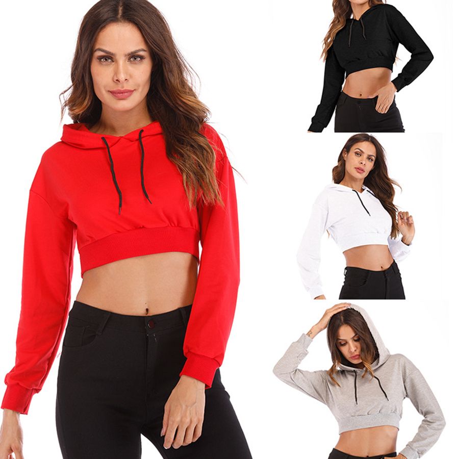 Sudaderas con para mujer Manga larga Crop Top suelto Sudadera Colores sólidos sudaderas manga larga