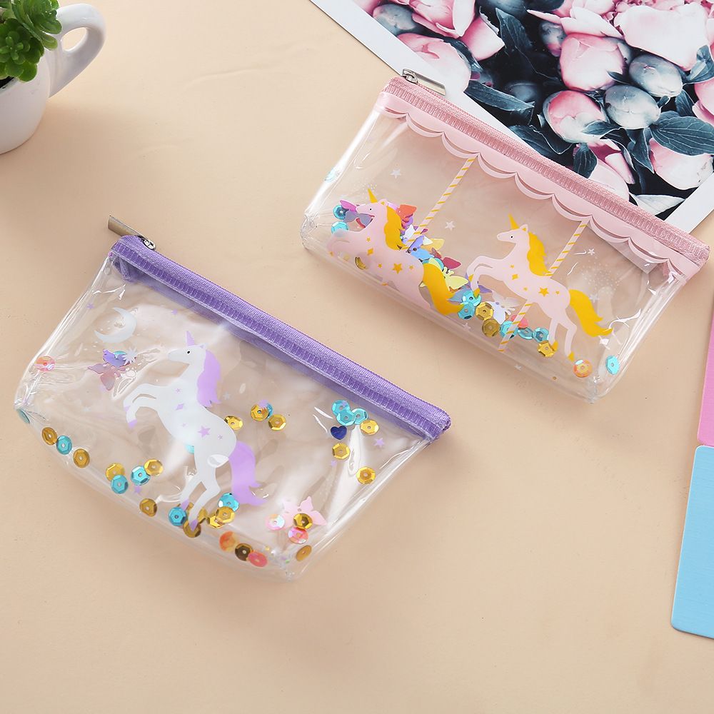 Bolso del sobre del sobre cosmético de PVC de unicornio de dibujos animados 