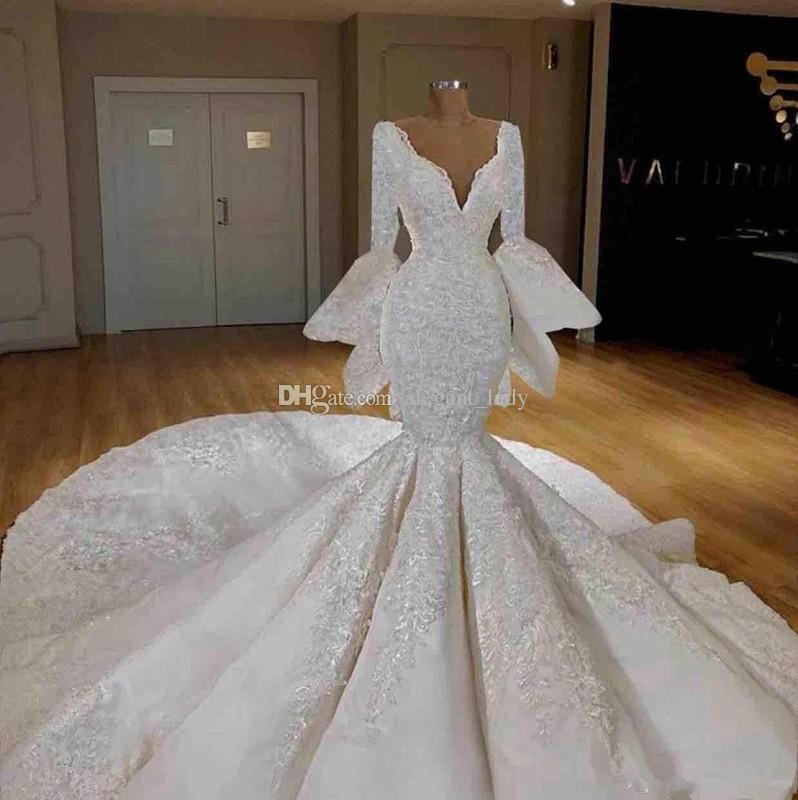 Acheter 2019 Robes De Mariée Sirène Avec Manches Longues De Luxe En Dentelle Applique Broderie Ruffles Arabe Dubaï Kaftan Robes De Mariée Robe De