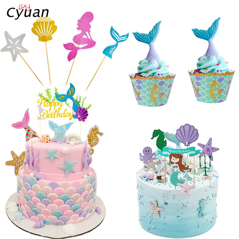 Acheter Pas Cher Cyuan Joyeux Anniversaire De Gateau Sirene Party Cupcake Toppers Kids Party Anniversaire Babyshower Grils Gateau Fournitures De Decoration Du 2 99 Fr Dhgate