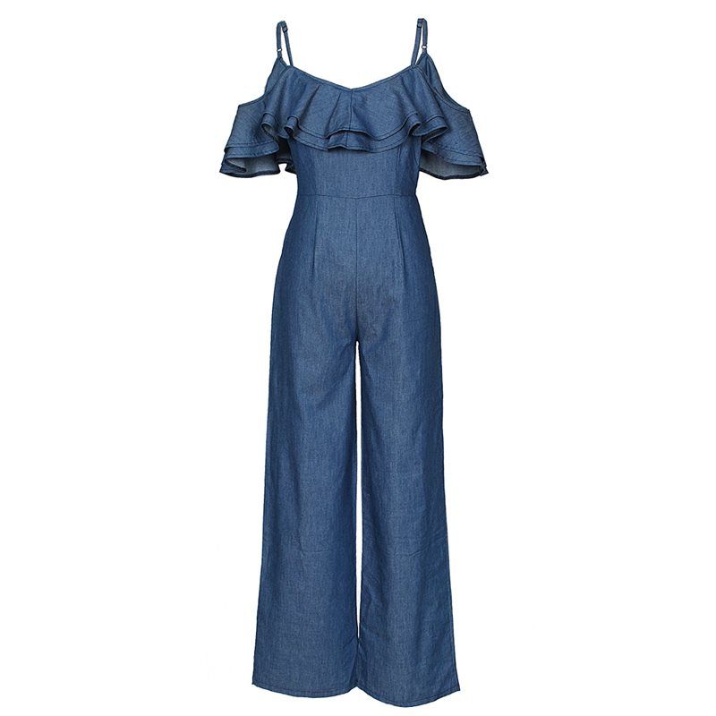 High End Women Summer Backless Ruffles Shoulder Off Denim Romper Jumpsuits High End Women Summer Backless Ruffles Shoulder Off Denim Romper Jumpsuits