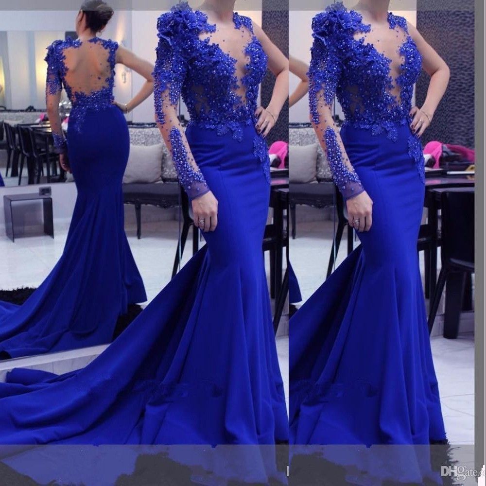 Cheap Royal Blue Prom Dresses One Shoulder Lace Appliques Beaded