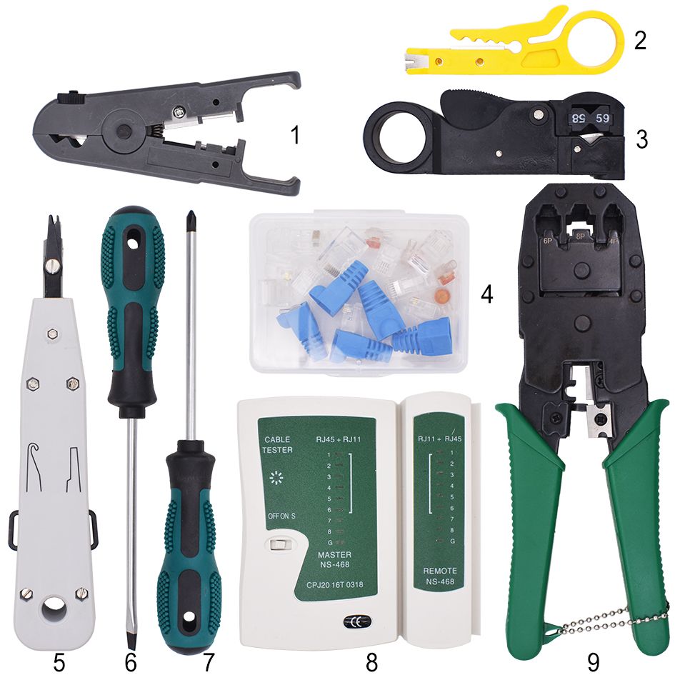 JINYANG Portable 9 in 1 RJ45 Crimping Crimper Stripper Punch Down RJ11 Cat5 Cat6 Wire Line Detector Ethernet Network Cable Tester Tools Kits