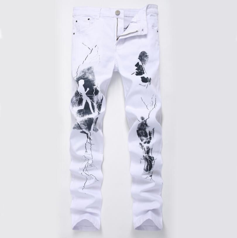 2020 White Denim Trousers Men Casual Elastic Printed Jeans Cotton ...
