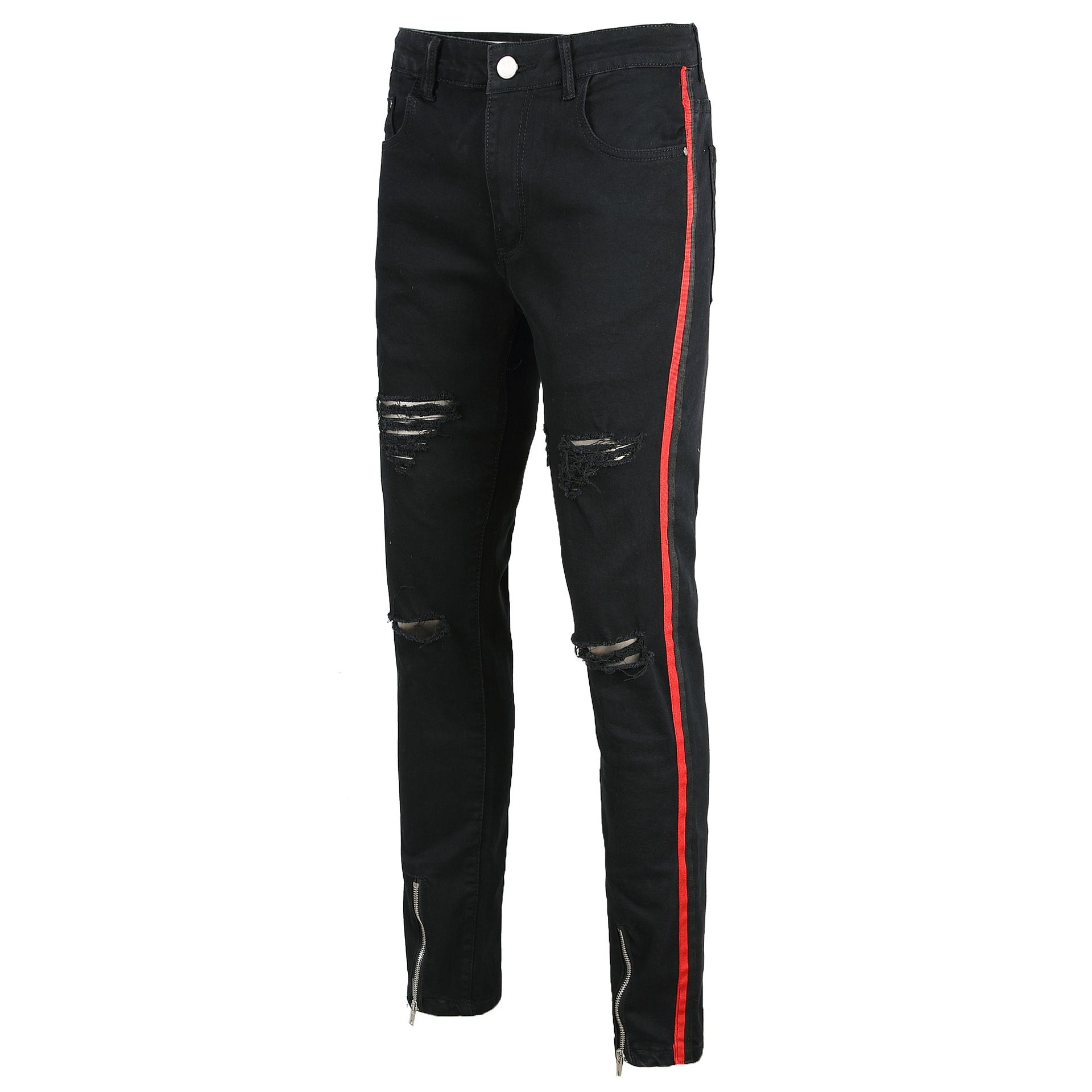 black ripped jeans with red stripe