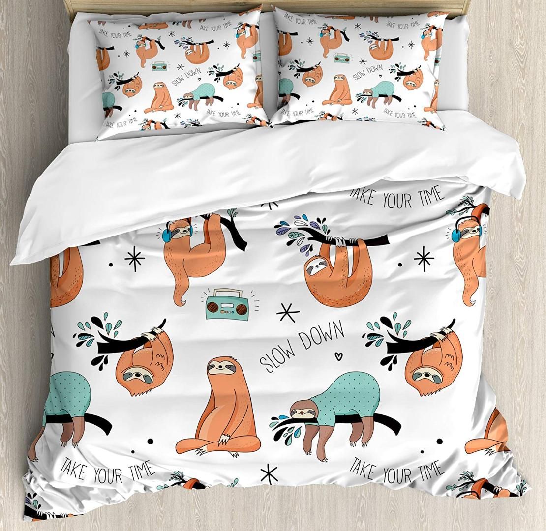 Sloth Queen Size Duvet Cover Set Pattern Cute Hand Drawn Sloths