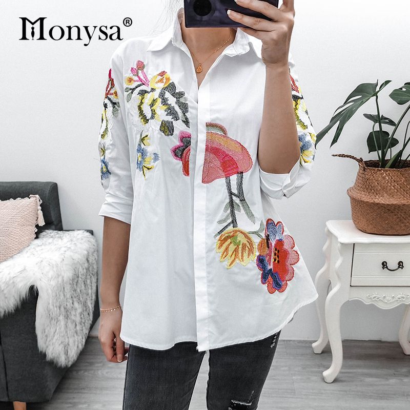 New Women Ladies summer Top shirt flower embroidery long sleeves shirt collar