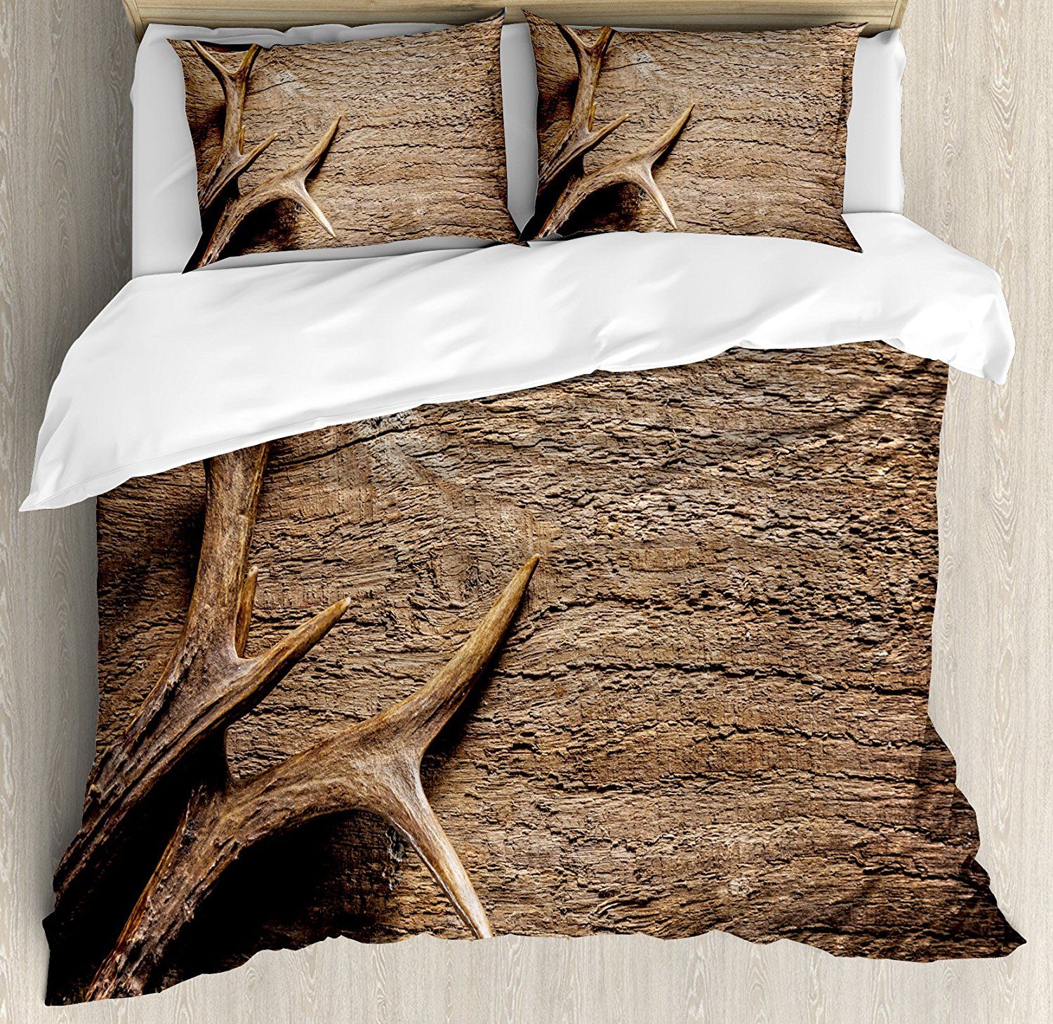 Antlers Decor Duvet Cover Set Deer Antlers On Wood Table Rustic