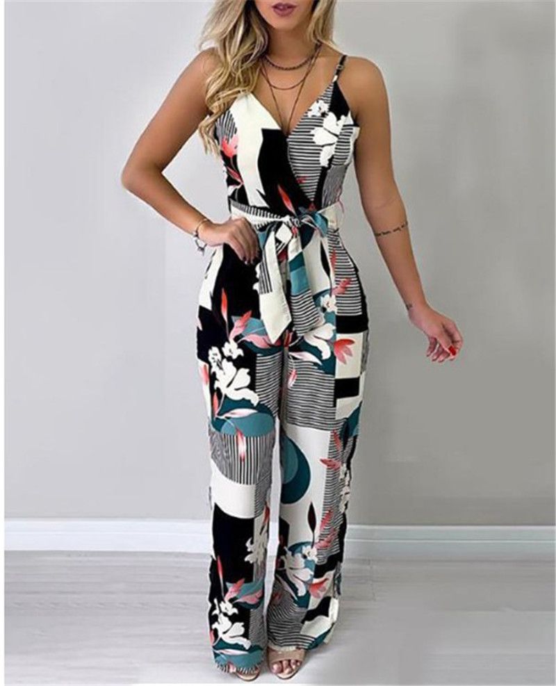 Women Print Sleeveless Strap Wide Legs Floral Jumpsuit Romper Trousers ...