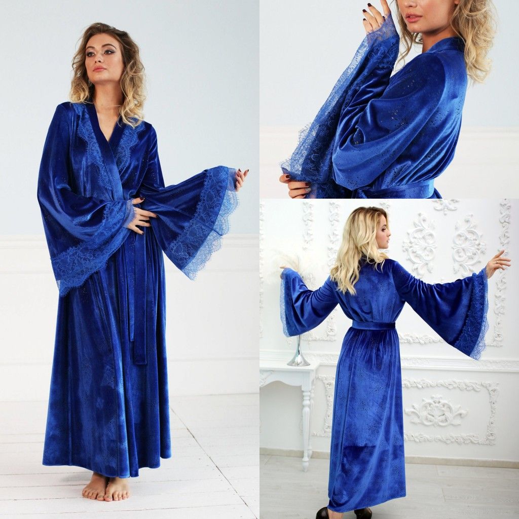 Royal Blue Womens Robe & Gown Sets Lace Bathrobe Night Dress Sleepwear