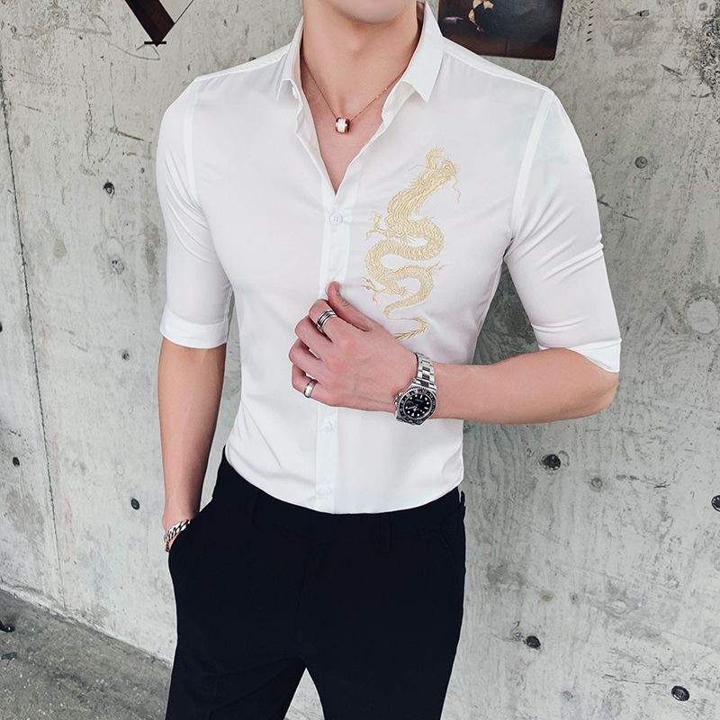 satin al yeni beyaz erkekler gomlek cin style nakis yarim kol erkek gomlekler dar kesim yaz gece kulubu parti adam gomlek tl312 71 dhgate comda