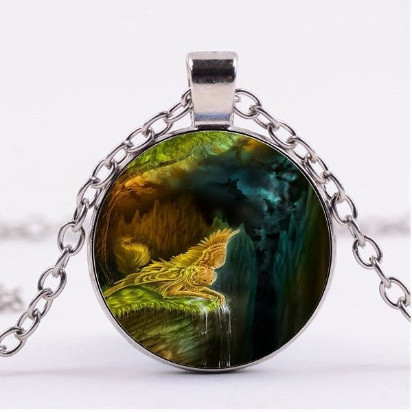 Fashion Wolf Couple Cabochon Tibetan Silver Glass Chain Pendant Necklace Gift