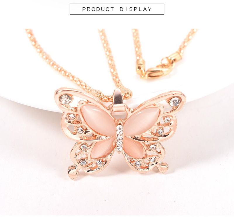 Mode Women Rose Gold Opal Butterfly Charm Pendant Long Chain Necklace Jewelry CU