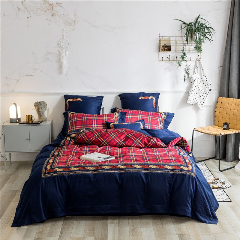 England Style Bedding Set Red Blue Plaid Duvet Cover Set Egyptian