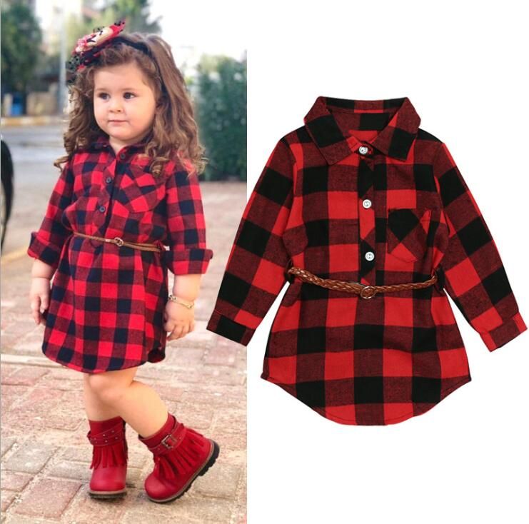 2020 Infant Toddler Kids Baby Girls Dress Red Plaid Long Sleeve
