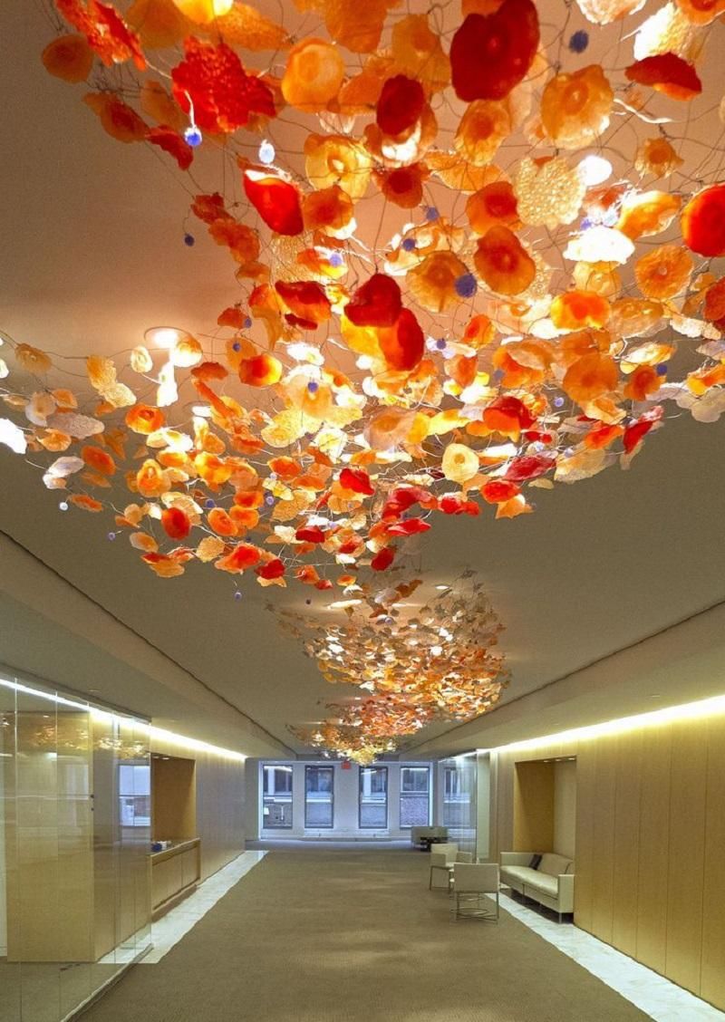 High Ceiling Lotus Flower Lamps Blown Glass Plates Beautiful Decoration Colored Murano Glass LED