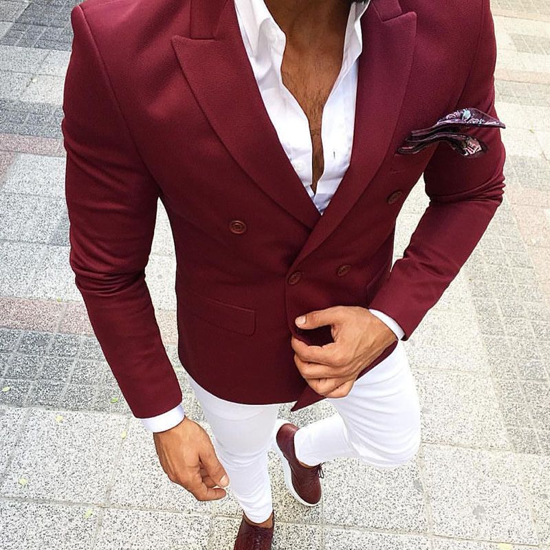 maroon blazer white pants