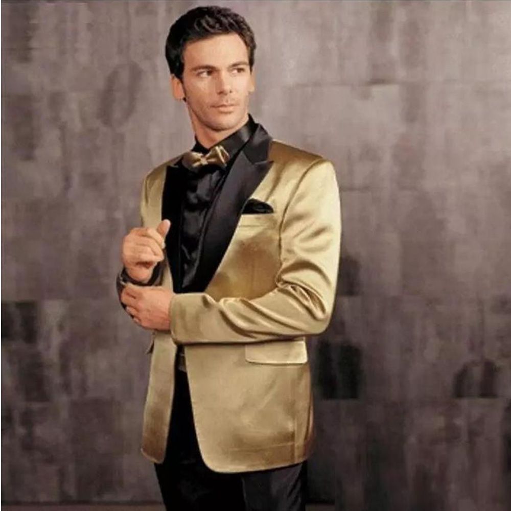 Compra Nuevo Diseño De Oro Traje De Los Hombres Formales Con Solapa Negro  Novios Smoking Padrino De Boda Trajes De Fiesta De Baile Chaqueta +  Pantalones + Arco Barato | Entrega Rápida