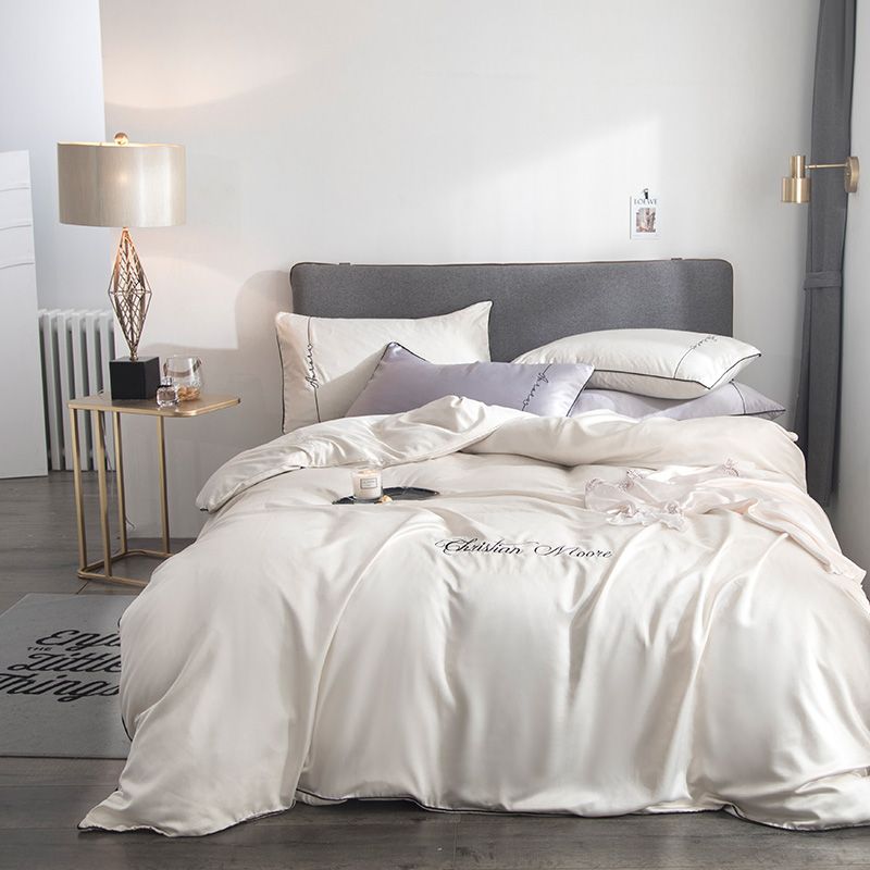 White Luxury Super Soft Washed Silk Duvet Cover Set Brief Bedding
