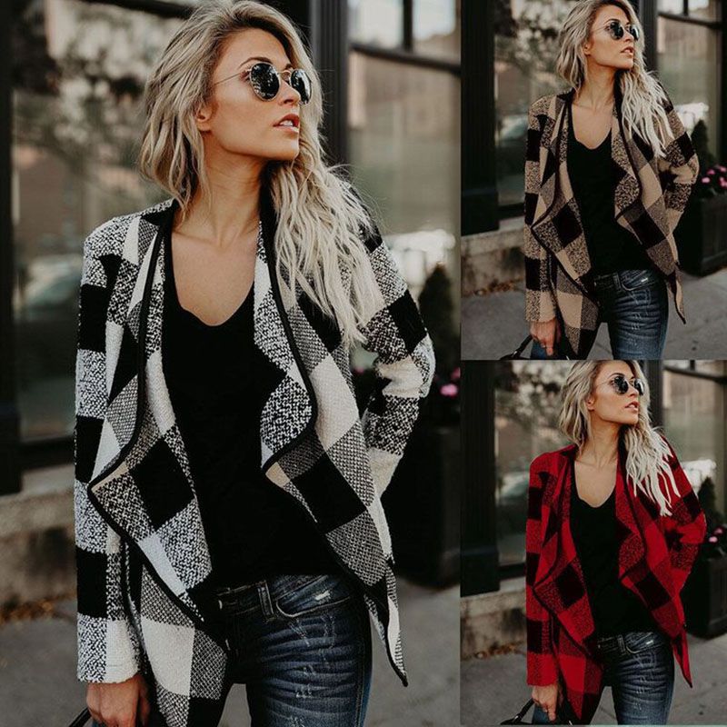 2019 del invierno a cuadros otoño ocasional las mujeres chaqueta de punto de