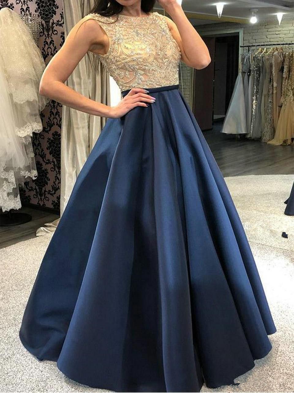 Fashion Dark Navy Long Evening Dresses Gowns Women Party Scoop Satin Lace Zipper A Line Sexy Lady Club Dress From Dress2020, $166.01 | DHgate Israel