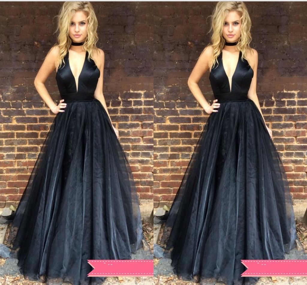 Vestidos Para Festas Cetim Halter Corp V Decote Preto Vestidos De Noite 2019 Organza Prom Vestido Vestidos De Festa Vestir A Line Saia Vestidos De Baile Modelos De Vestidos Longos De Alovegowns,