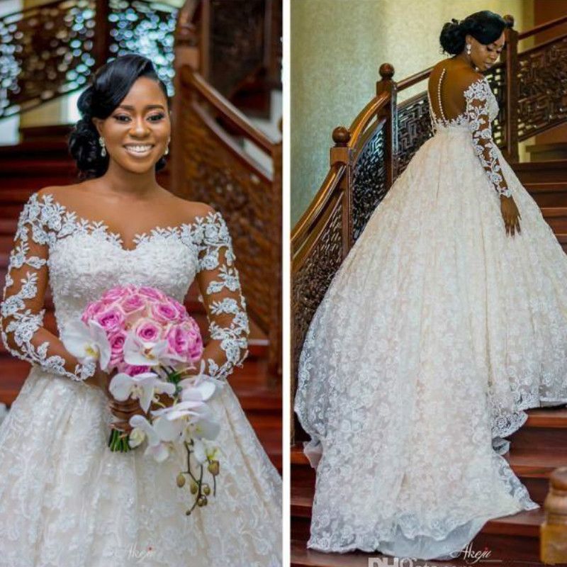 2020 New African Arabic Lace Beaded Ball Gown Wedding Dresses Sheer ...