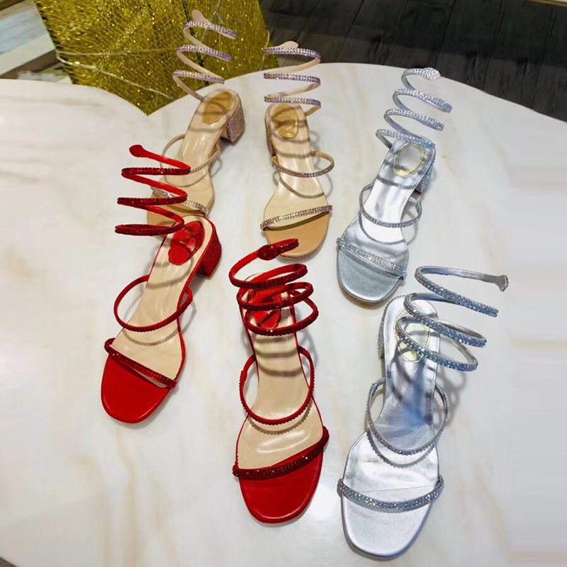 Kadınlar Sandalet Yılan-Wrap Açık Burun Sandal Parti Düğün Ayakkabı Moda Elmas Sandalet Kadınlar Yaz Chunky Topuk Ayakkabı