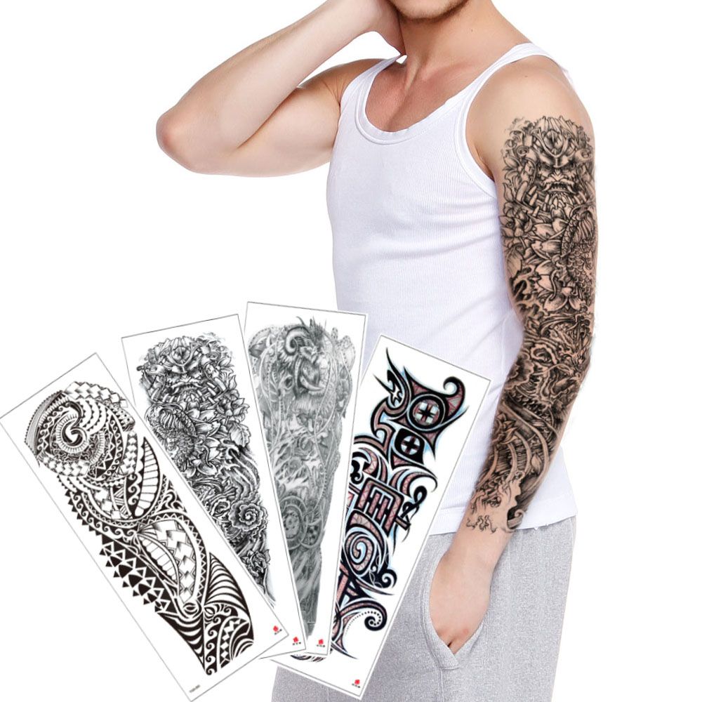 Large Temporary Full Arm Design Totem Tattoo Stickers Fake Black Fish Wave Machine Gear Decals For Cool Woman Man Body Tattoo Transfer Paper Fun