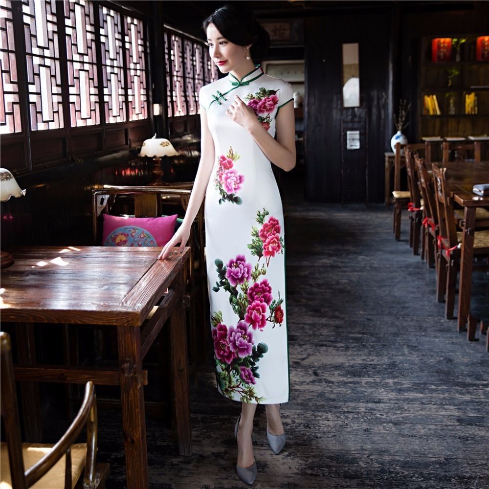 Compra Historia De Shanghai Vestidos Chinos Vestido Tradicional Chino Blanco  Largo Qipao Cheongsam Vestido De Seda De Imitación Floral Vestido Largo  C18122701 Barato | Entrega Rápida Y Calidad | Es.Dhgate