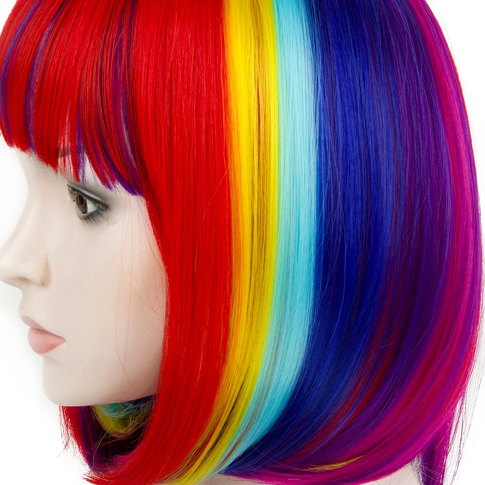 Colorful Rainbow Straight Wig With Hair Bangs Shoulder Length