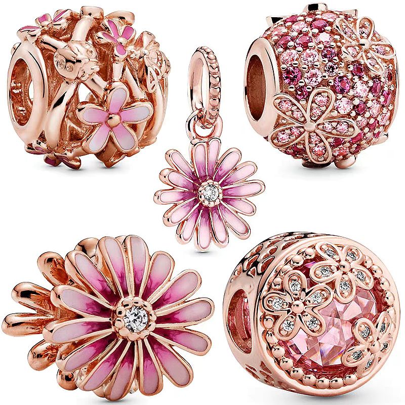 Discount New Rose Gold Pink Daisy Charm Fit Pandora Bracelet Zircon ...