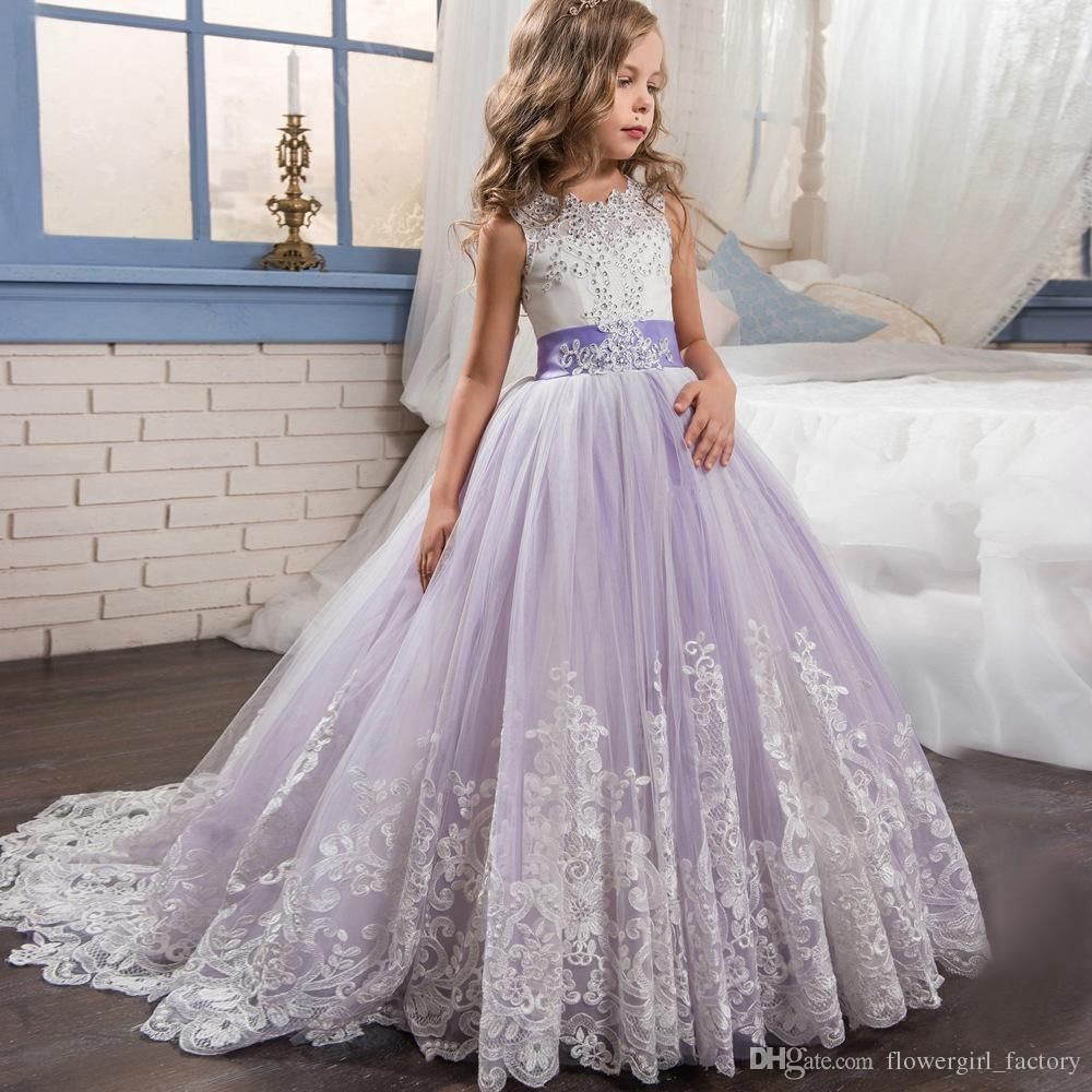 purple and white flower girl dresses