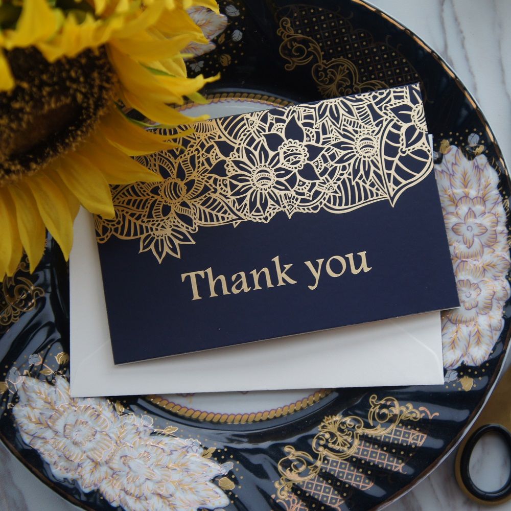 Gold Deep Blue Flower Thank You Card With Envelope Greeting Card
