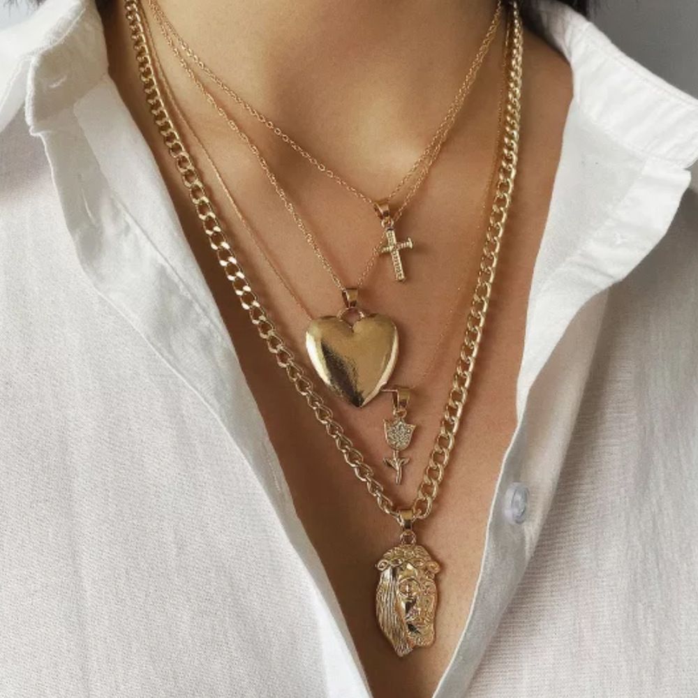 CYXL Women Necklace Retro Stacking Multi-Layered Necklace with Diamonds Simple Wild Man Head Pendant Necklace Female Birthday