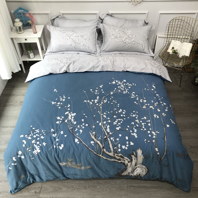 Tree Branch Flowers Deep Blue Duvet Cover Queen King Size Brushed