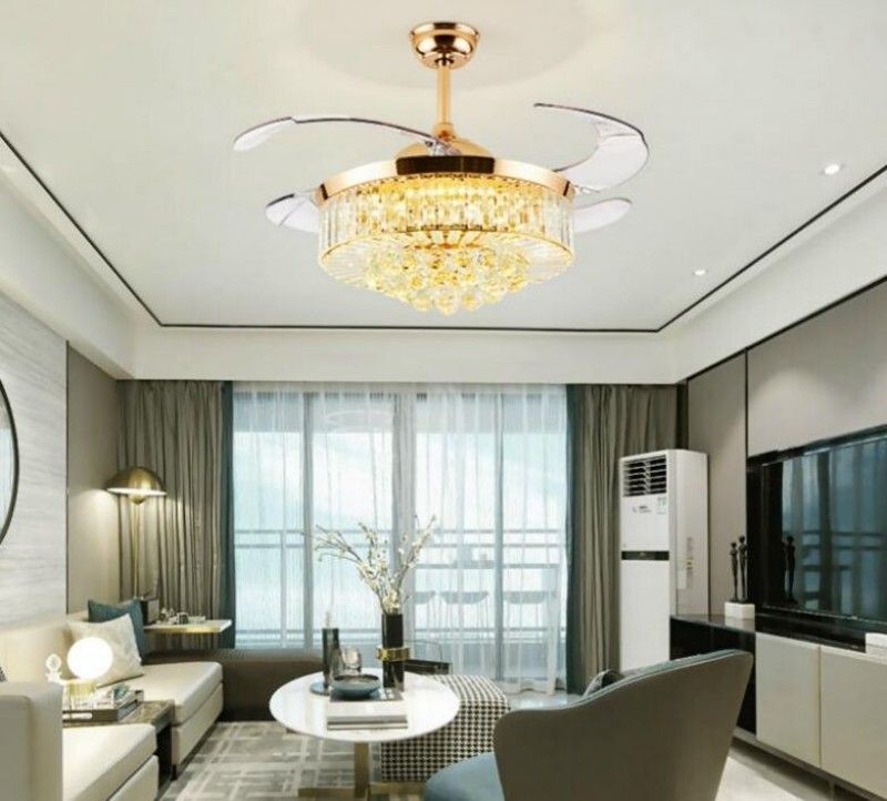 2019 42 Inch Gold Modern Led Crystal Living Room Modern White Fan Ceiling Lights Fixtures Acrylic Leaf Led Ceiling Fan Light Kit Remote Contr Myy From