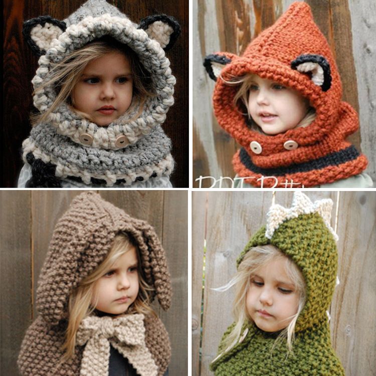 Unicorn Hooded Scarf Animal Hoodie Cowl Crochet Knitted Beanie Hat Kids US Stock